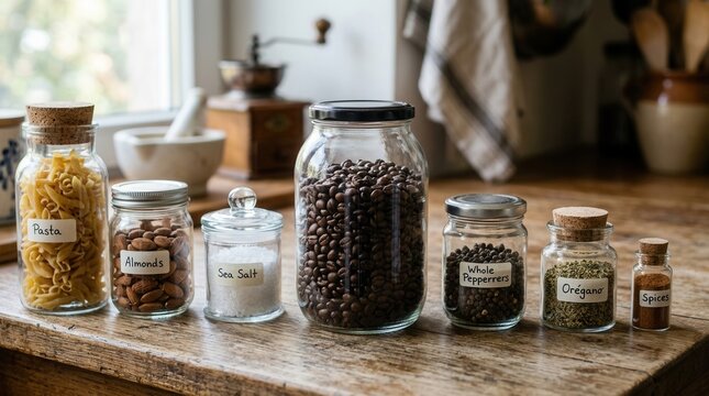 Variety of glass jars on wooden surface, one Fresh coffee beans after roasting in bottle