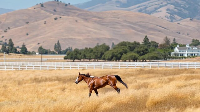 Horse galloping steadily across a field with hills in the background Generative AI