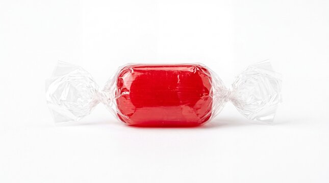 One single red hard candy wrapped in clear plastic