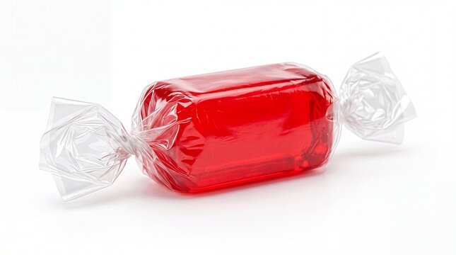 Single red candy wrapped in clear plastic