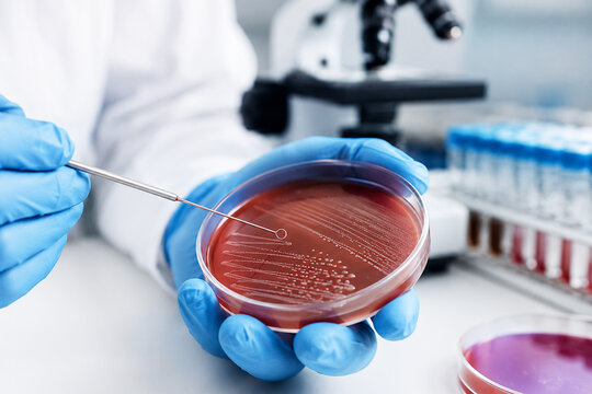 Microbiologist holding petri dish with bacteria culture using inoculation loop. Laboratory scientist performing diagnostic medical test. Genetic engineering, clinical research and science.