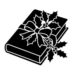 Vintage Christmas book vector icon, black and white holiday novel with ribbon bow, festive winter storybook with holly leaves and berries isolated on White Background