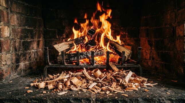 Vibrant Fireplace Fire with Bright Flames, Wood Shavings, Pile of chips for smoking food