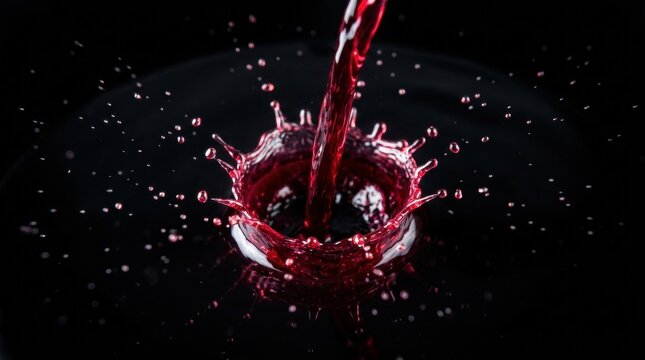 Vibrant Red Liquid Splashing with Energy on Black Pouring wine, imparting the aroma and taste