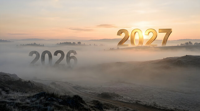 Golden year numbers 2026 and 2027 emerge from misty sunrise over rolling landscape