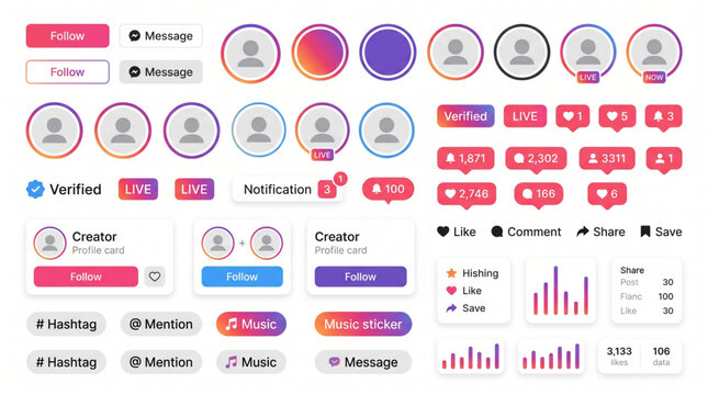 Instagram mobile application interface UI UX kit template featuring notification icons, profile cards, follow buttons, story rings, live badges, verified symbols, and analytics bar charts mockup.