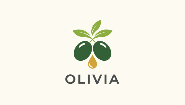 Minimalist green olive oil logo with two green olives under leaves and a golden oil droplet above the text Olivia.