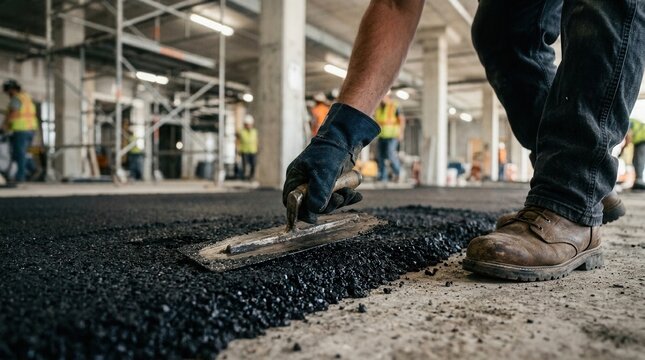 Worker spreading asphalt on construction site with blurred of buildings pouring cement. Top view