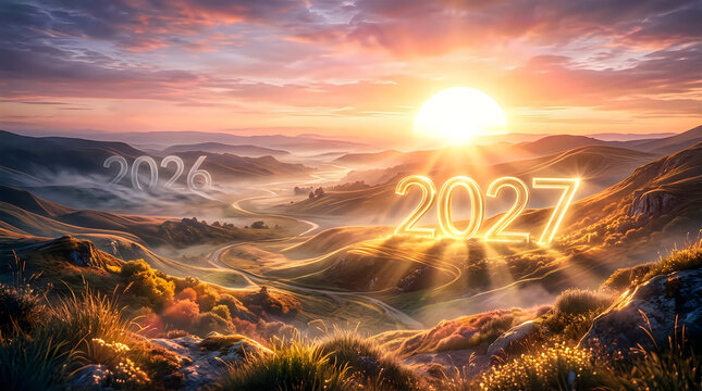 Sunrise over misty mountains with glowing numbers 2026 and 2027 symbolizing new beginnings and future growth