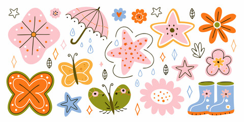 Spring Elements Illustration With Butterflies Umbrella And Raindrops © Tulika