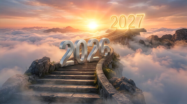 The path to 2027 ascends through clouds with golden sunrise light and mist over mountains