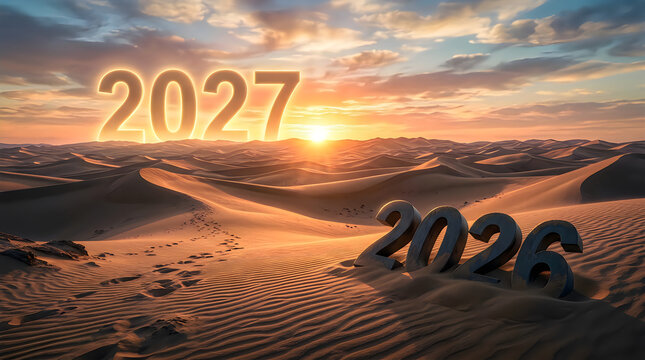 The year 2027 emerges from desert dunes at sunrise with 2026 fading in warm light
