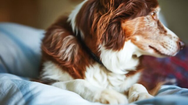 Dog resting next to a person on a bed in a cozy room Generative AI