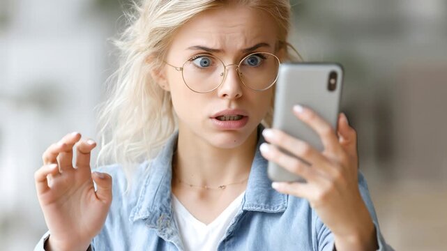 Woman reacts in shock while looking at her phone in a bright indoor space Generative AI