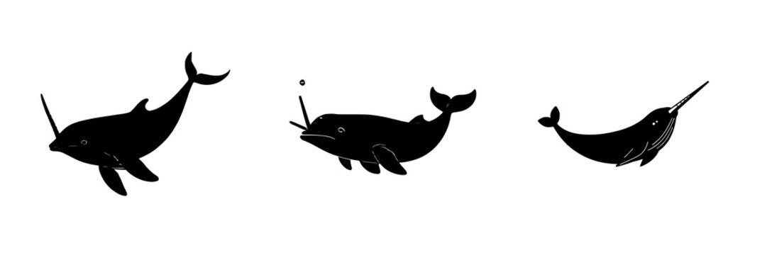 Narwhal silhouette with spiral tusk set with flat 2D arctic marine symbol on white background