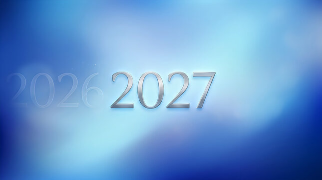 The year 2027 glowing against a soft blue bokeh background with fading years
