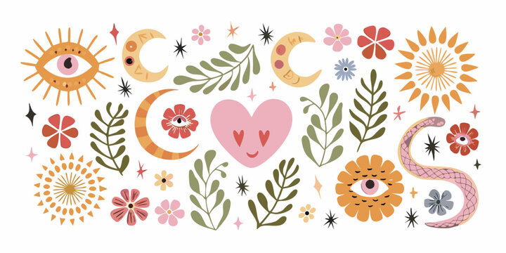 Boho Style Floral Ornament Collection With Celestial Elements Vector Illustration