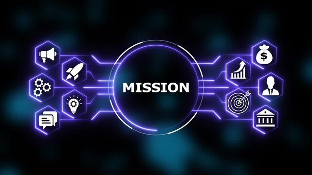 Mission statement concept with digital business and glowing hexagonal network interface for corporate strategy and growth presentations