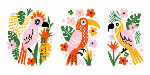 Parrot Illustrations With Tropical Foliage Colorful Vector Artwork © Tulika