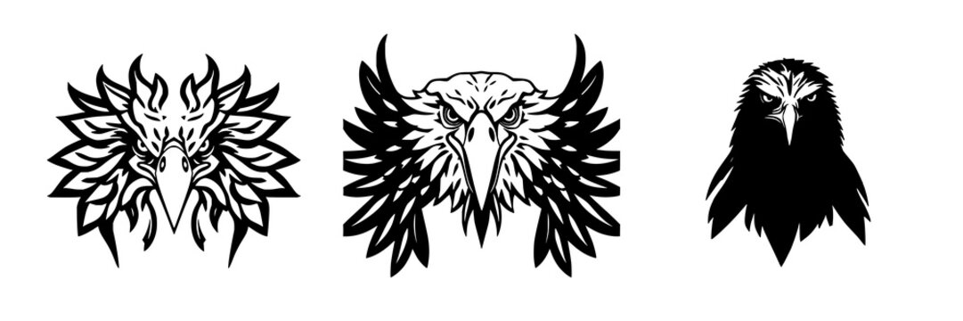 Symmetrical line art set with majestic eagle head in predatory bird style, modern bold style with white background and clean lines