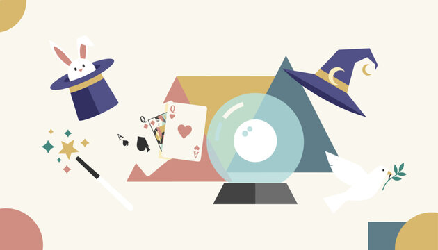 Assortment of floating magic show props including a crystal ball playing cards wizard hat magic wand and a dove.