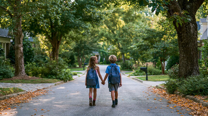 Fototapeta premium Happy siblings walking to school holding hands. Children with backpacks on a suburban street.