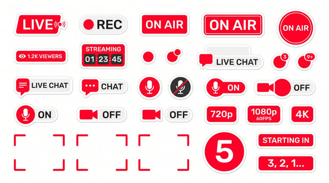 Comprehensive Live Streaming Interface Icon Set featuring On Air REC and Live Chat Stickers with Video Resolution Tags 4K 1080p 720p for Broadcast Social Media Gaming and Content Creator UI Design.