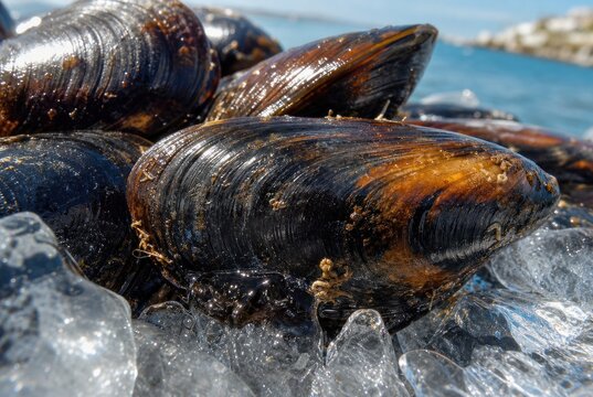 Fresh dark brown mussels clustered on rocky ocean shore with sparkling water droplets, natural marine life close-up, healthy seafood concept
