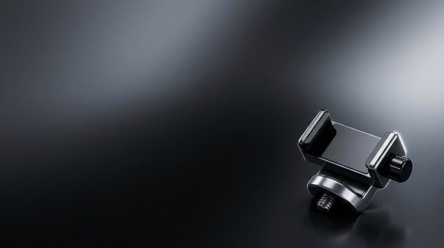 A sleek black smartphone car mount holder positioned against a smooth dark gradient background with soft studio lighting