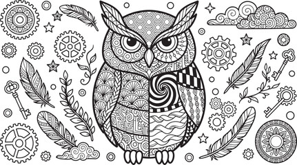 Fototapeta premium Steampunk owl coloring page vector, intricate zentangle bird illustration with gears and feathers, black and white mandala style owl art