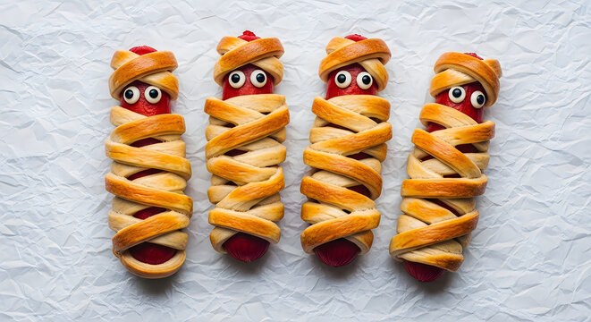 Halloween hot dogs dressed as mummies with pastry bandages and edible candy eyes on crumpled paper