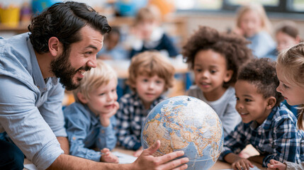 Fototapeta premium Teacher explaining a globe to elementary students. Diverse children learning geography in class.