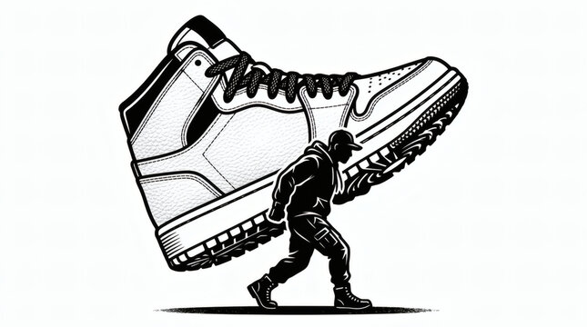 Black and white vector illustration of man carrying a giant high-top sneaker on his back, streetwear culture, sneakerhead passion, and heavy effort concept isolated on white background