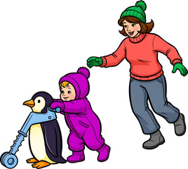 Naklejka premium Playful cartoon winter characters skating with penguin on snowy ice, concept for children's holiday illustrations, educational materials, festive greeting cards and seasonal apparel designs
