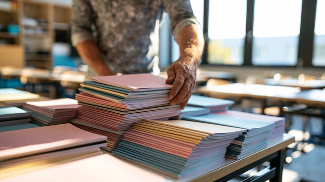 Teacher placing notebooks on classroom desks. Educator preparing school supplies for students.