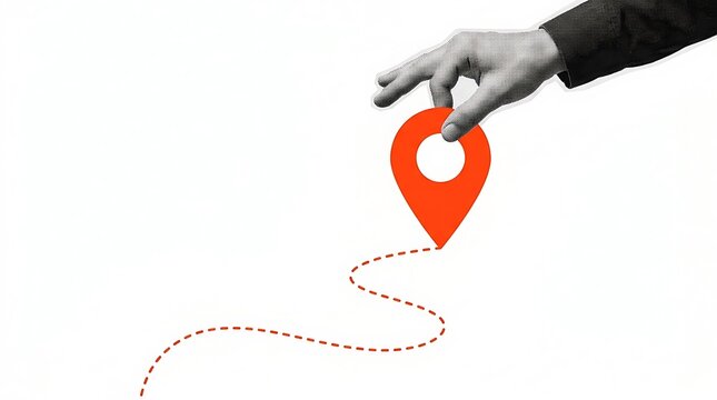 Minimalist Collage of Hand Placing Red Location Pin at the End of a Dashed Route Path on White