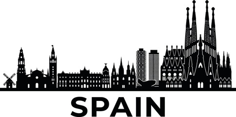 Obraz premium Black and white silhouette skyline of barcelona spain featuring famous landmarks and architectural icons on white background