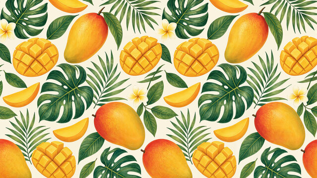 Seamless fruit pattern with ripe tropical mangoes, sliced mango cubes, and exotic green foliage on a light background