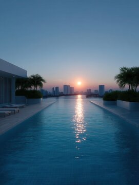 Infinity swimming pool on a high rise building rooftop overlooking a city skyline and ocean during a picturesque sunrise, creating a luxurious and tranquil vacation setting