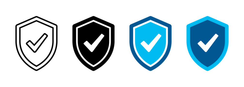 Shield icon set  checkmark, Security shield representing protection, defense, privacy, trust, safe. Transparent PNG and vector