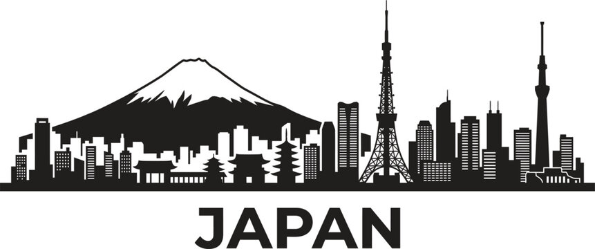 Black and white silhouette of the tokyo city skyline featuring mount fuji and iconic japanese landmarks