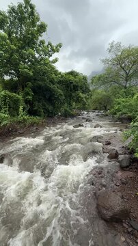 Seasonal water stream near Siddhagad Fort in the lush Sahyadri mountain range during the monsoon season.