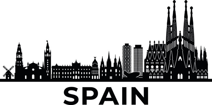 Black and white silhouette skyline of barcelona spain featuring famous landmarks and architectural icons on white background