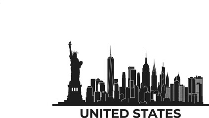 Fototapeta premium Black silhouette of the new york city skyline featuring the statue of liberty on a white background