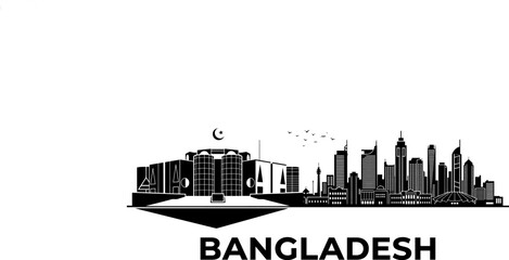 Obraz premium Black and white silhouette skyline of dhaka city in bangladesh featuring iconic landmarks and modern skyscrapers