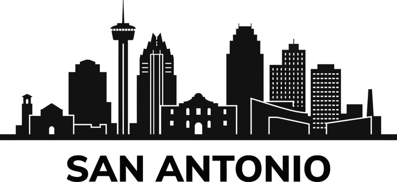 Black and white silhouette skyline of san antonio texas featuring the alamo and tower of the americas