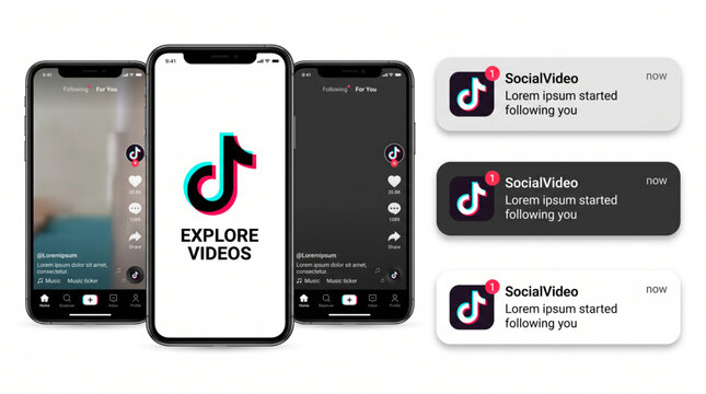 Social media short video application interface mockup featuring smartphone screens with notification banners, explore feed layout, profile icons, like, share, and comment buttons UI UX template.