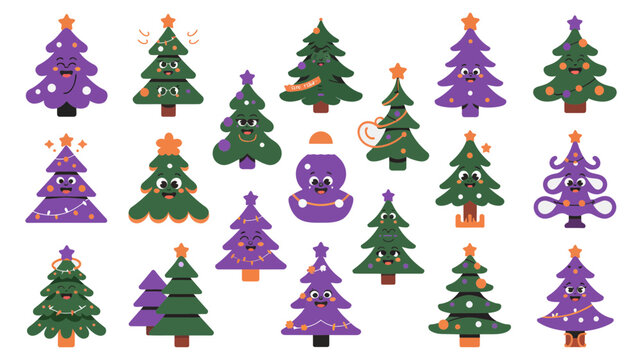 Collection of cute cartoon christmas trees with funny expressions and decorations christmas character decoration