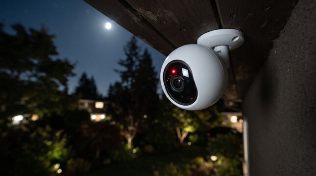 Smart home security camera mounted on house exterior at night, wireless outdoor surveillance system with infrared light, residential property protection