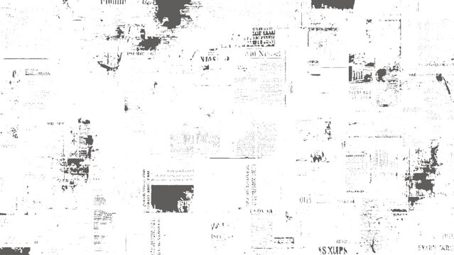 Distressed newspaper collage texture with torn paper fragments, smudged ink blotches, and fragmented typography on a white background